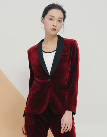 秋装新款天鹅绒西服裤子修身时尚韩版小西装外套女 酒红色01款上衣 l
