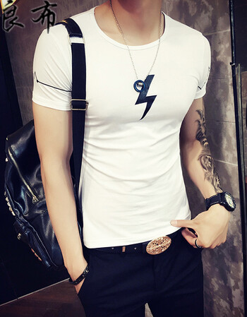 夏季休闲韩版圆领短袖t恤小闪电印花紧身体恤衫男棉夜店上衣潮 黑色 m