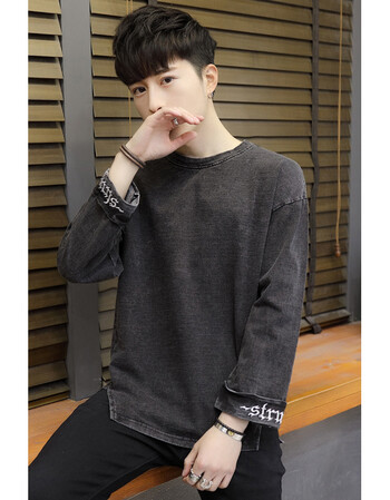 男士t恤九分袖卫衣圆领韩版潮流宽松春季牛仔薄款男装日系上衣服 黑色