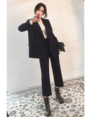 冬季新款韩版时尚加厚毛呢小西装外套九分阔腿裤套装两件套女 黑色 s