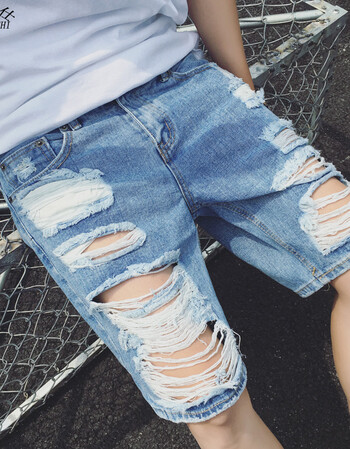 丹杰仕丹杰仕夏季韩国个性中裤破烂短裤男生牛仔短裤割破洞宽松热裤