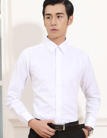 男士长袖白衬衫修身商务职业正装青年黑色休闲韩版纯色衬衣男秋季 单