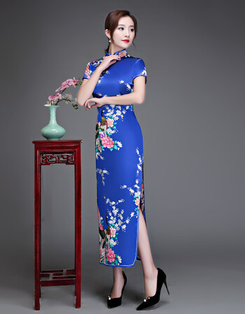 旗袍复古改良短袖修身大码走秀迎宾年会演出礼仪旗袍薄连衣裙 宝蓝色