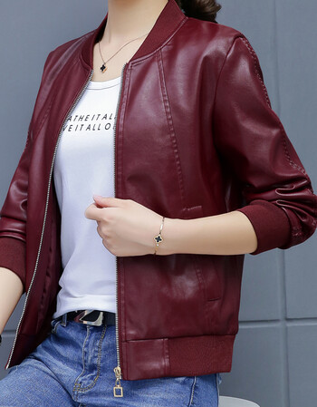 18秋新款秋装上衣棒球服加绒加厚皮衣百搭皮夹克冬 枣红色(不加绒款)