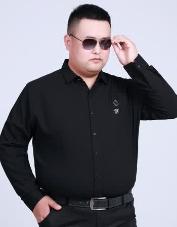 加肥加大号男士黑色长袖衬衫肥仔胖子时尚中年特体大码长袖衬衣 黑色