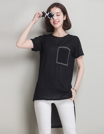 2016夏季新款女装圆领前短后长燕尾短袖体恤中长款短袖t恤女 黑色 l