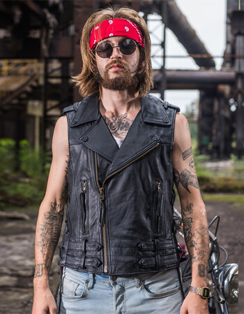 机车皮马甲男真皮牛皮翻领斜拉链做旧哈雷摩托车马甲修身潮男背心