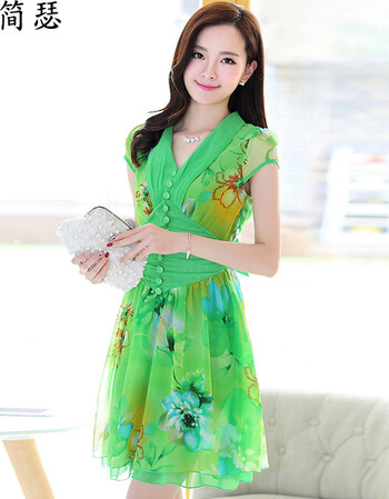 简瑟2016夏装新款韩版修身短袖印花雪纺连衣裙女中长款淑女裙 绿色