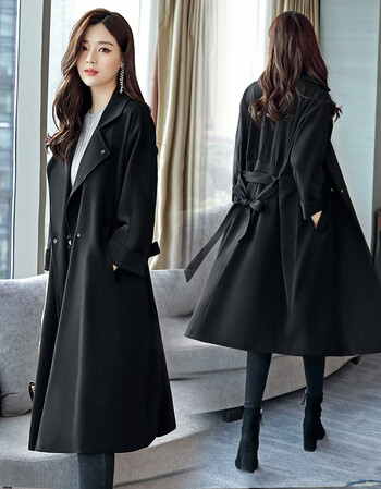 2018春秋季女装韩版休闲宽松码胖mm气质过膝中长款风衣外套 黑色 m