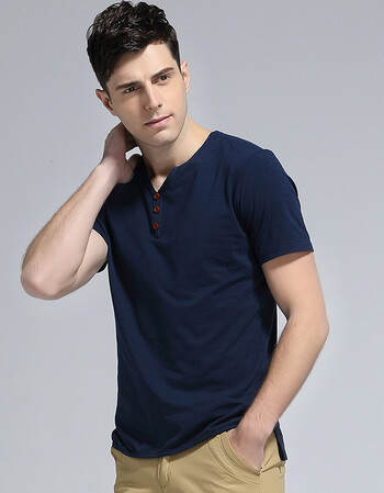 男士短袖t恤 纯色v领体恤 男装修身衣服 夏装半袖 纯棉短袖t 深蓝色 s