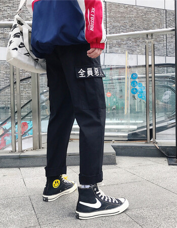 原宿黑色工装长裤秋季chic直筒bf风休闲裤宽松全员恶人裤子男 黑色