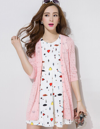 雪夕2016夏纯色镂空针织开衫 韩版女装薄防晒衫中长款空调衫 浅粉 xxl