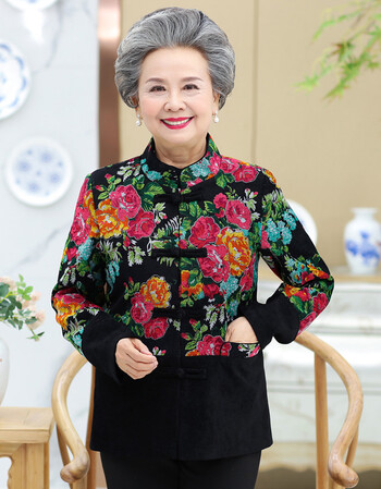 秋装女长袖上衣奶奶装春秋唐装外套60岁70老太太宽松外衣80 大花 裤子
