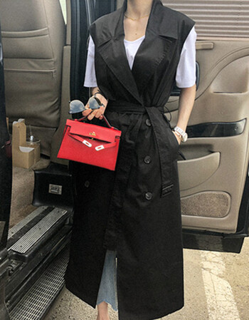 女中长款韩版春秋2018新款英伦宽松收腰显瘦系带无袖外套马甲 黑色 xl