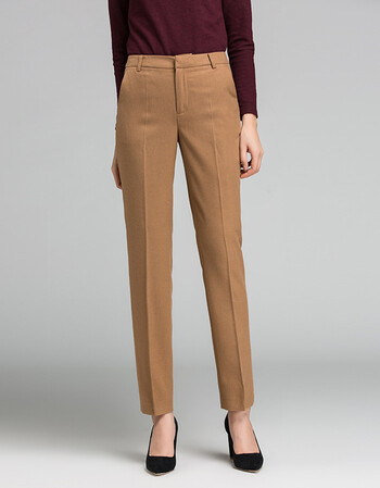 毛呢休闲裤女冬季2018新款高腰烟管裤女职业西裤女铅笔裤 驼色 27