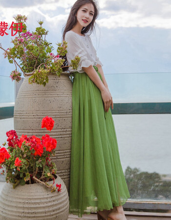 檬伊2016白色文艺复古荷叶边袖型衬衫 绿色复古文艺百搭半身裙q8038