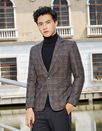 秋冬格子小西服青年男士上衣商务休闲西装修身韩版男西服外套薄款大码