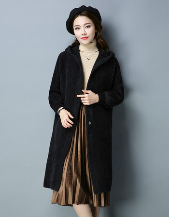 凤郎茵姿貂绒外套女中长款仿水貂绒秋冬新款时尚宽松加厚针织连帽开衫