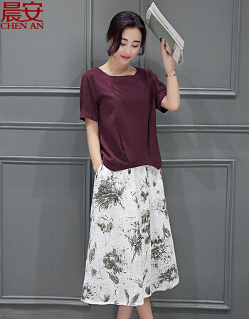 素影2016新款套装女装夏季连衣裙棉麻印花韩版夏装大码短袖 酒红色