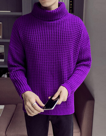 奈瑾 毛衣男冬季潮男加厚毛线衫 纯色宽松棒球针高领毛衣 紫色 m