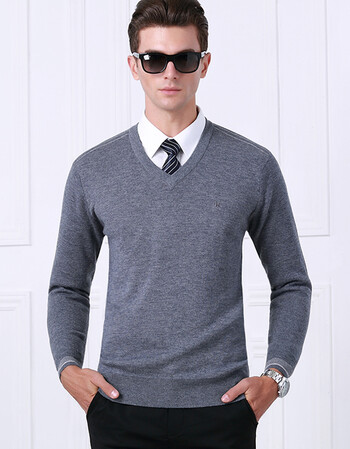 恒源祥新款男士羊毛衫秋冬季经典纯色商务v领男式毛衣纯羊毛针织衫 中
