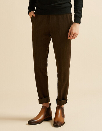 冬季厚款毛呢休闲裤男小脚修身条纹裤英伦复古宽松羊毛西裤潮 咖啡色