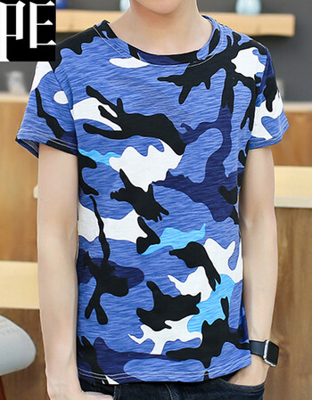 pe短袖t恤2016夏季棉质青少年迷彩t恤圆领韩版修身短袖衫 蓝色 l