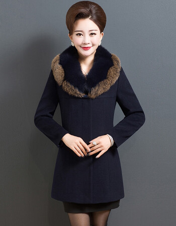 中老年大衣女中长款秋冬狐狸毛领中年妈妈装毛呢外套 藏蓝 l