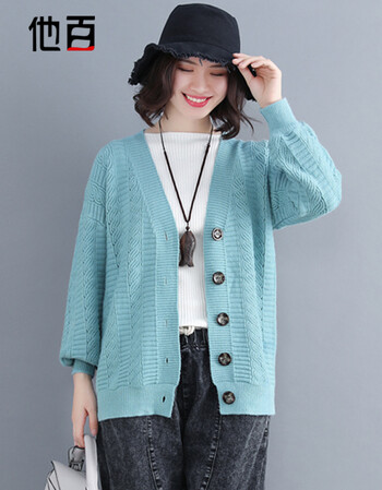 女微胖加肥加大码200斤胖mm文艺毛衣开衫百搭外套0753 青色 均码