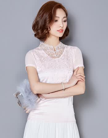 hilady 2016夏装新款韩版修身大码女装百搭网纱蕾丝短袖打底衫 粉色 m