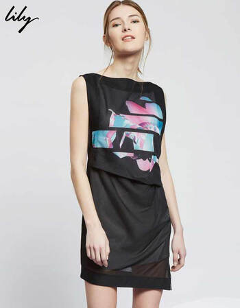 lily丽丽2016夏新款女装修身无袖套头抽象印花连衣裙115230j7704 58黑