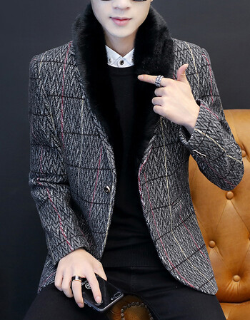【京选尚品】冬装加绒男士西服韩版修身毛领小西装帅气青年上衣发型师