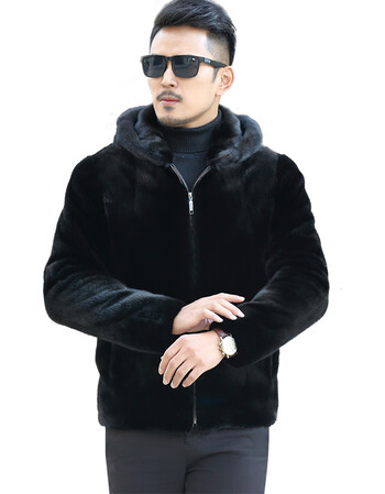 貂皮大衣男整貂带帽男士休闲水貂皮草外套男翻领拉链裘皮母貂冬季
