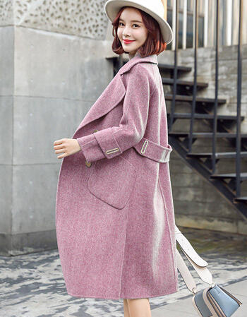 大衣女冬2018新款秋冬加厚妮子中长款赫本呢子流行毛呢外套 紫粉色