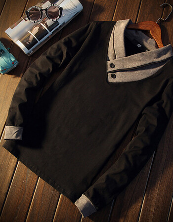 新春装新款长袖衫男装不规则领t恤青年个性打底衫日系休闲外套 黑色