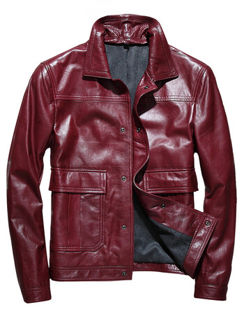 爵盟 真皮皮衣男海宁绵羊皮男士真皮短款夹克翻领单皮外套 枣红色 190