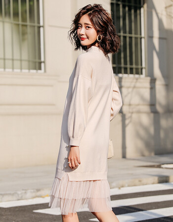 针织连衣裙女秋冬网纱长款毛衣裙过膝中长款加厚内搭裙子打底裙 米色