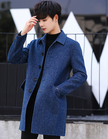 毛呢外套加厚中长款韩版英伦风无羊绒冬季潮流羊毛妮子大衣男 宝蓝色