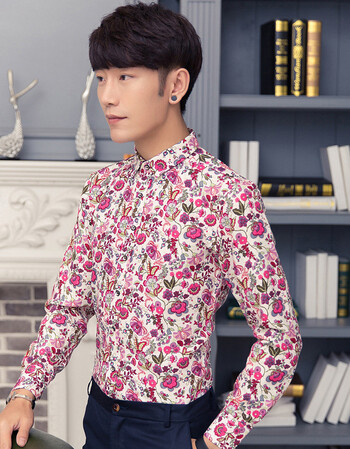 幸福时光长袖衬衫男男士碎花长袖衬衫秋冬修身款青年个性花衣服免烫潮