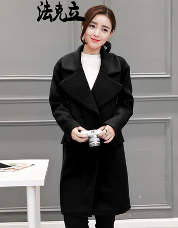 
                                        法克立 大码毛呢外套女2016秋冬新款修身显瘦羊毛大衣中长款毛呢外套呢子妮子女 黑色 XXL                