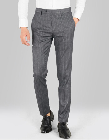 万士商务男士简约灰色条纹西裤优雅英伦绅士简约修身免熨条纹西装裤