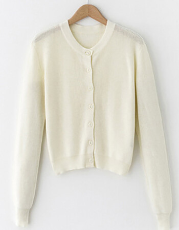 晚枫物语春秋女士宽松圆领毛衣外搭短款外套白色纯棉针织衫女开衫 白