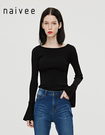 naivee/纳薇2017春装新款大喇叭袖一字肩套衫1713931x2 81纯黑 38/l