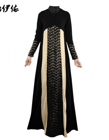 欧语伊依 阿拉伯长袍中东服饰穆斯林民族装长裙蕾丝拼接jjf 黑色 m