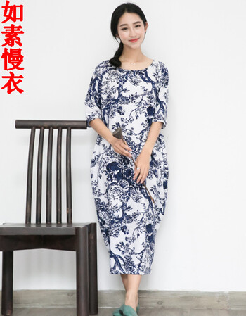 如素慢衣文艺棉麻连衣裙民族风宽松大码女装长裙2766 蓝贵妃 均码
