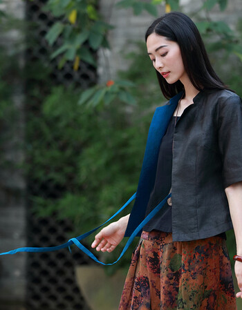 吉祥羽儿原创秋装新款黑色香云纱短外套女装五分袖薄开衫 红色系带 l