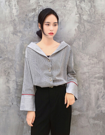 2017春季新款条纹衬衫女打低衫女面衫衬衣露肩上衣女 灰色