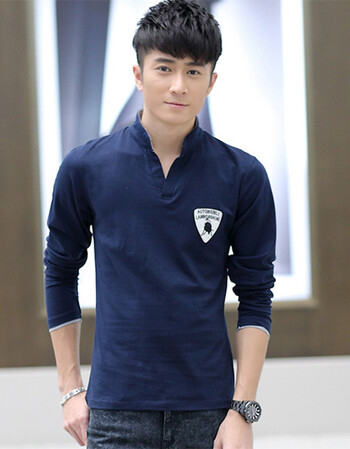 地球城 棉质修身男士v领休闲长袖t恤打底衫男上衣 深蓝色 m