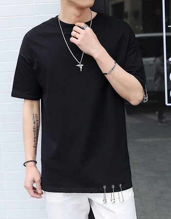 文艺男士夏季圆领短袖t恤潮个性背后绑带纯色打底衫青少年体恤 黑色 m