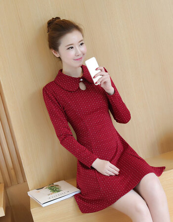 大码女装30-35-40岁青年少妇女妈妈装假两件套2018春秋装连衣裙潮 红